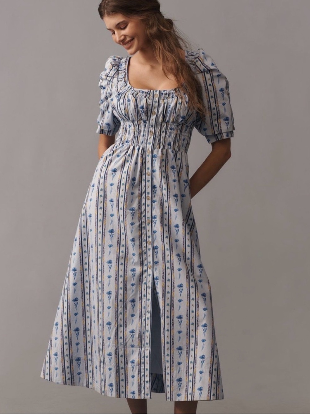 Maeve Light Blue and White Floral Stripe Midi Dress
